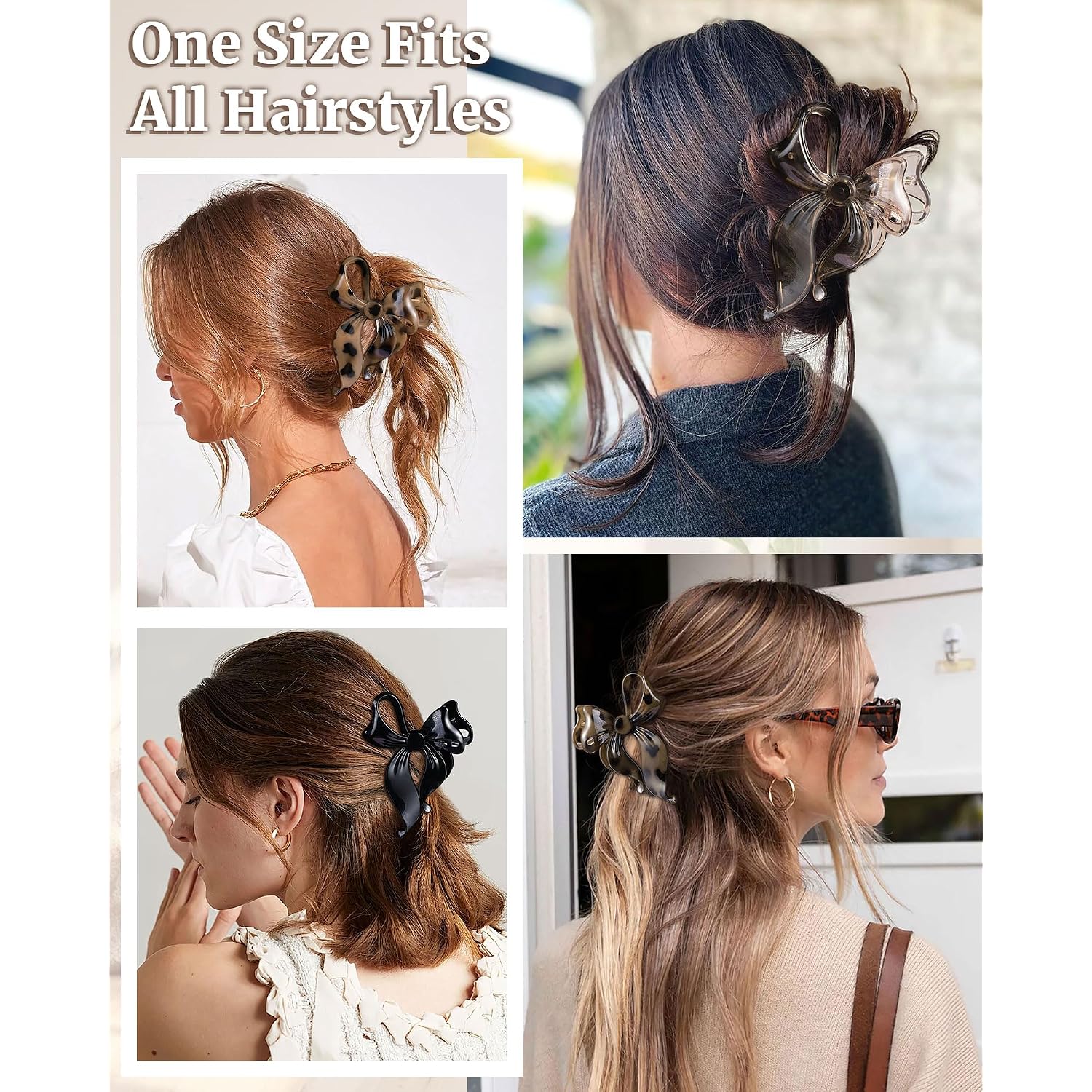 Mesovor 4 Pack Cute Bow Claw Clip For Women, Nonslip Large Matte Strong Hold Bows Hair Clips For Thin And Thick Hair | Chic Hair Styling Accessories (4.1" Black, Leopard)
