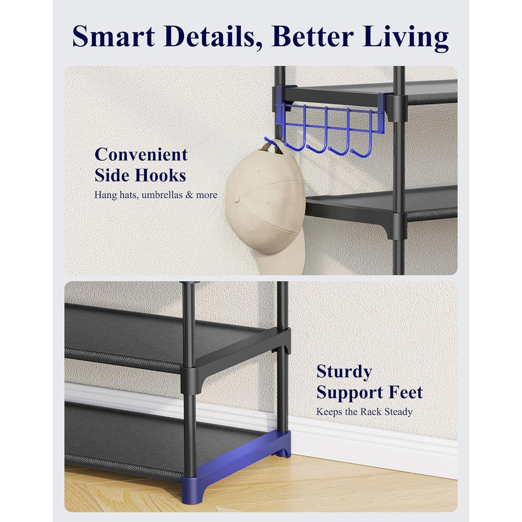 Kitsure Shoe Rack for Closet - 10-Tier Shoe Organizer with Hook Rack, Large-Capacity & Space-Saving Shoe Shelf for Entryway, Bedroom, Living Room,32.2" x 11.8" x 68.5", Black