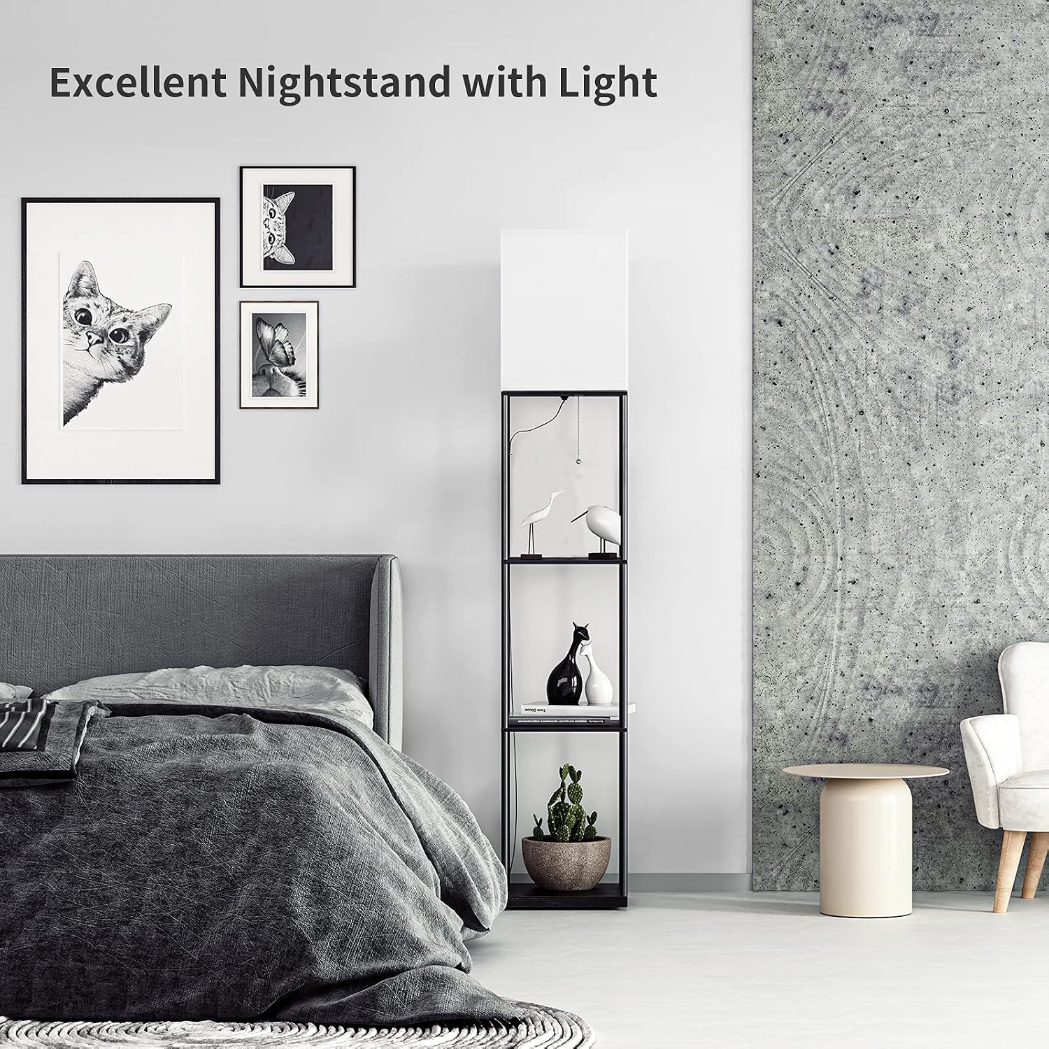 Sunmory Floor Lamp With Shelves, Modern Square Standing Lamp With 3 Color Temperature Bulb, Corner Display Bookshelf Lamp For Living Room And Bedroom(Black)
