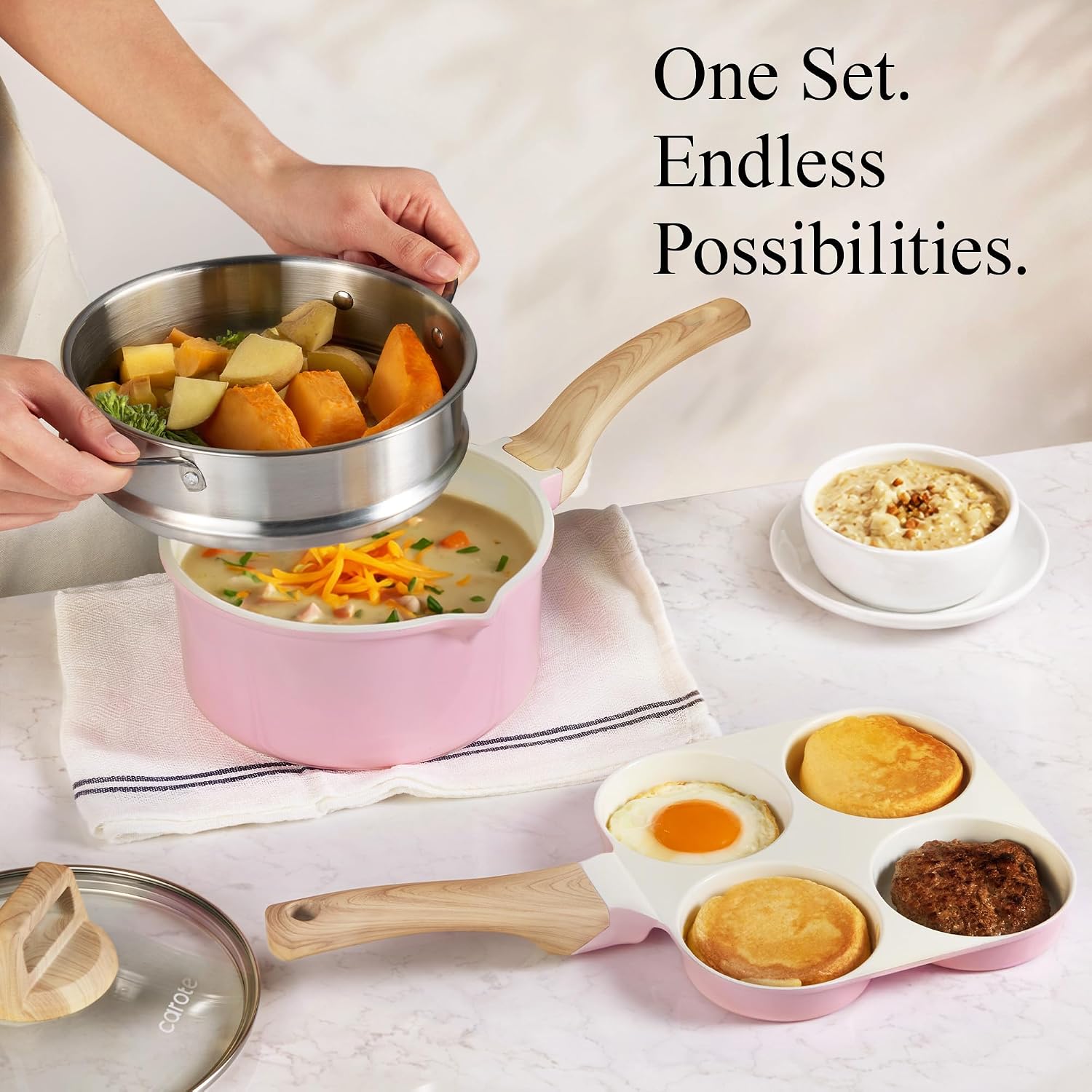 Carote Ceramic Cookware Set, 14 Pcs Pots And Pans Set Non Stick, Pot And Pan Set With Frying Pan, Induction Ready Cooking Set For Kitchen, Pfos/Pfoa/Pfas Free, Pink