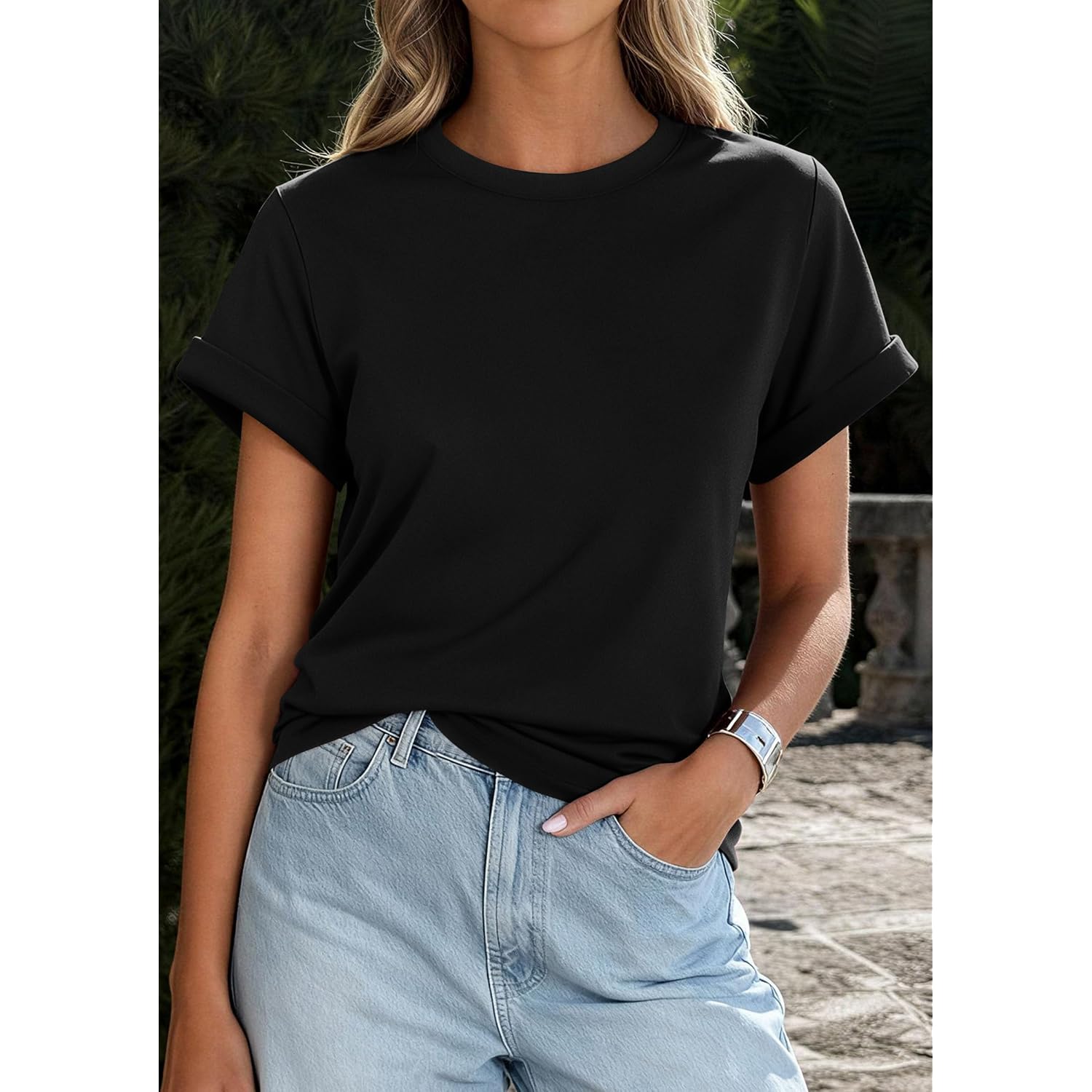 Prettygarden Womens Summer Tops 2026 Spring Casual Rolled Short Sleeve Basic Tees Crew Neck Work Shirts Fashion Clothing
