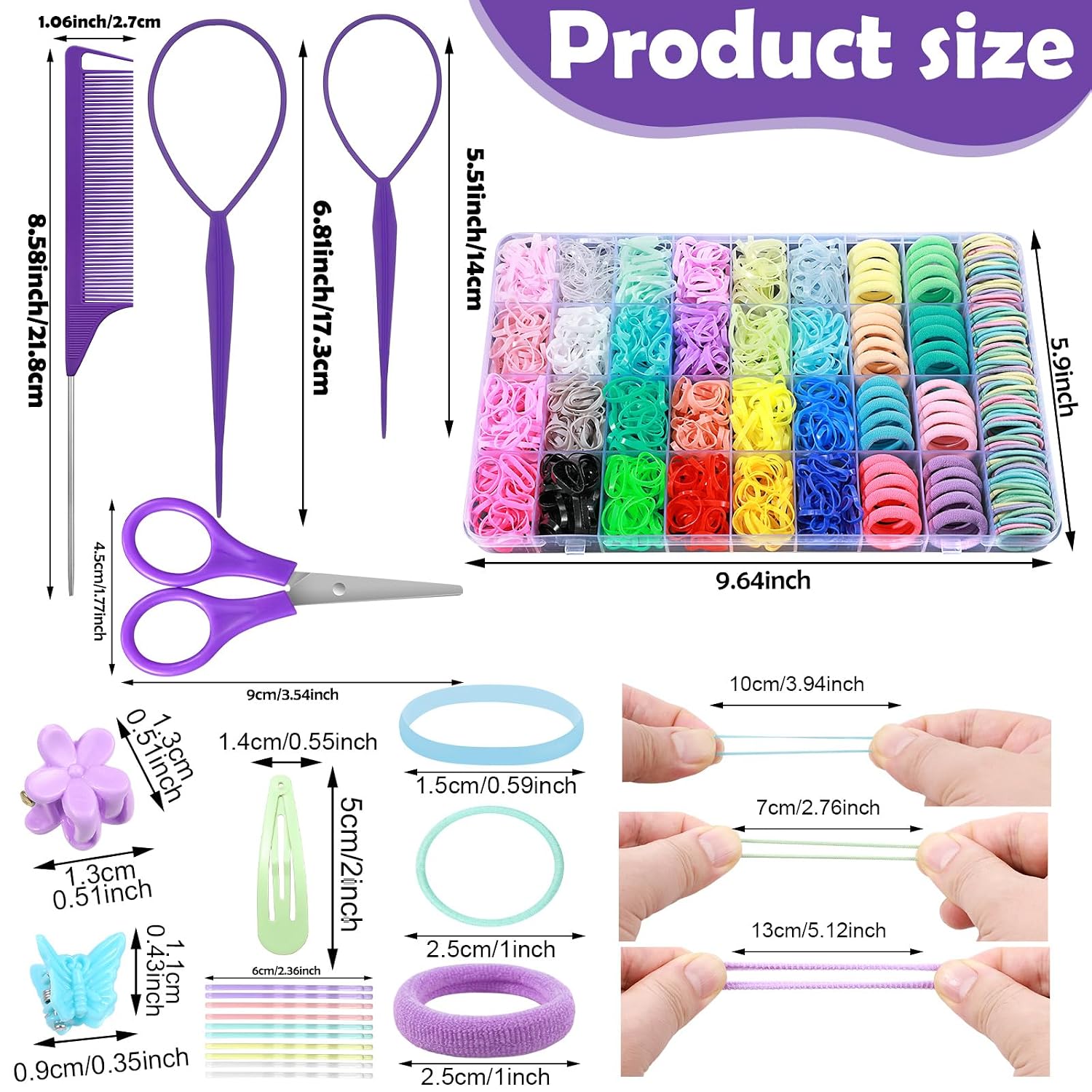 Auroray Hair Accessories For Girls, 1784 Pcs Elastic Ties Set 24 Color Rubber Bands With Organizer Box Cotton Baby Ties Styling Tool Set Clips Elastic Cutter Scissor