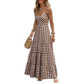 Caracilia Women'S Gingham Striped Smocked Maxi Dress | Spaghetti Strap,Pockets,V Neck A-Line ,Checkered Plaid, Boho Casual,Beach Vacation Resort Cruise Outfits,Summer Fall Clothes
