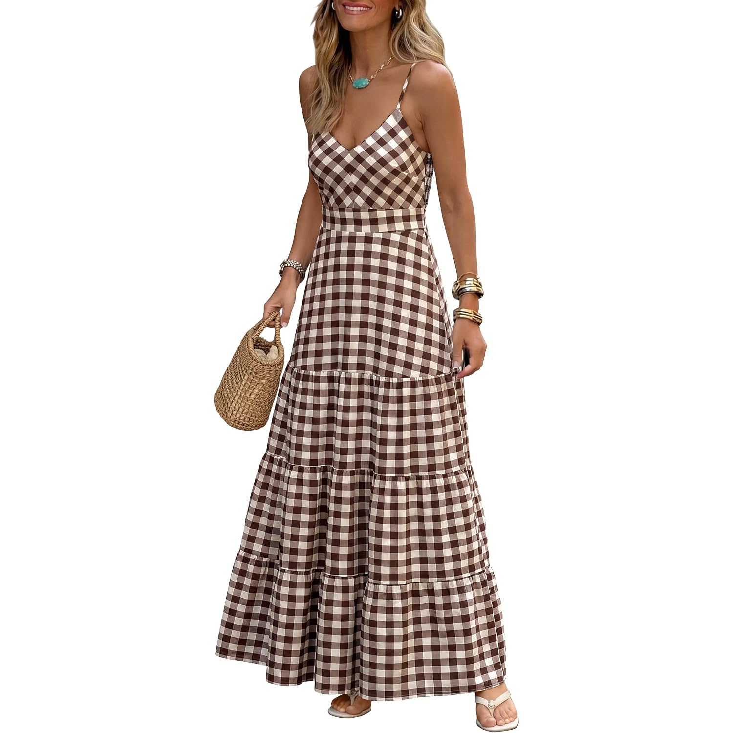 Caracilia Women'S Gingham Striped Smocked Maxi Dress | Spaghetti Strap,Pockets,V Neck A-Line ,Checkered Plaid, Boho Casual,Beach Vacation Resort Cruise Outfits,Summer Fall Clothes