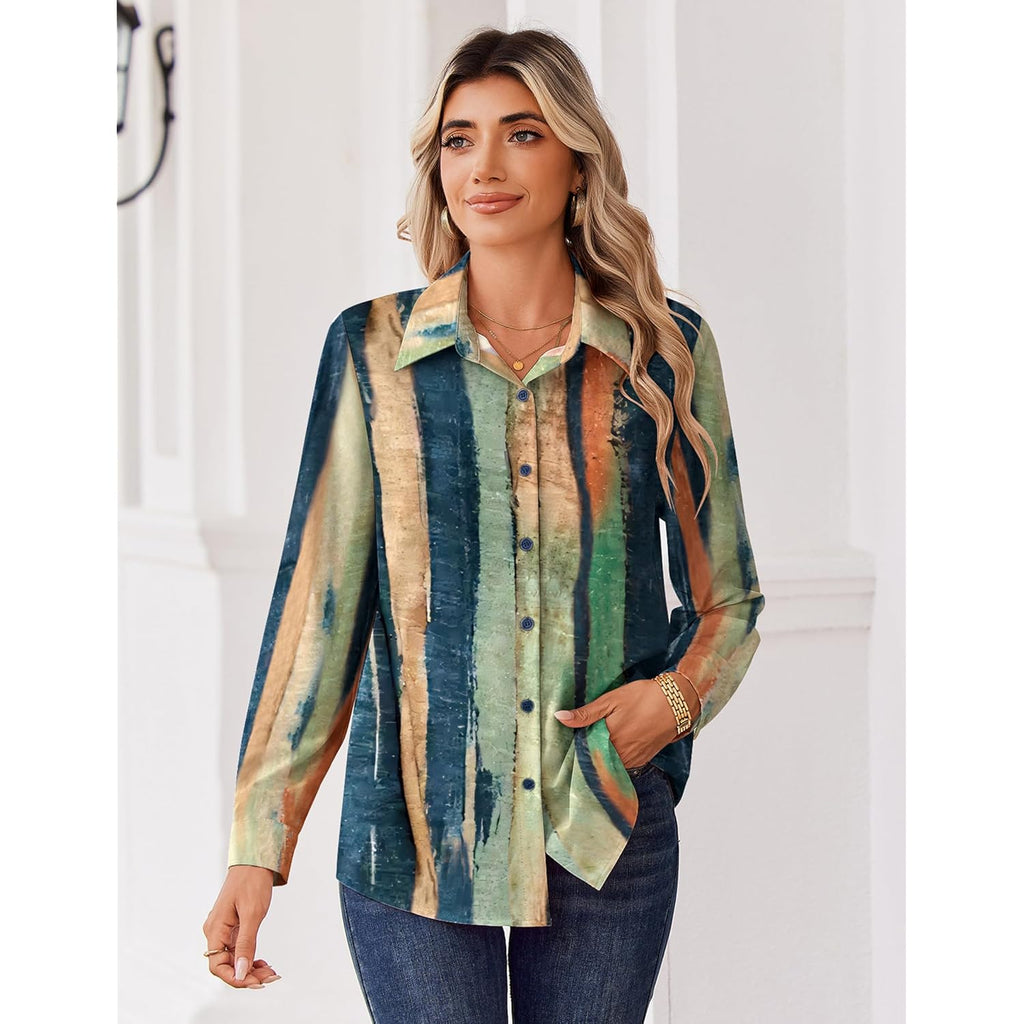 Blouse for Women Dressy Long Sleeve Button Down Shirts Business Casual Outfit Lightweight Solid/Printed Tops