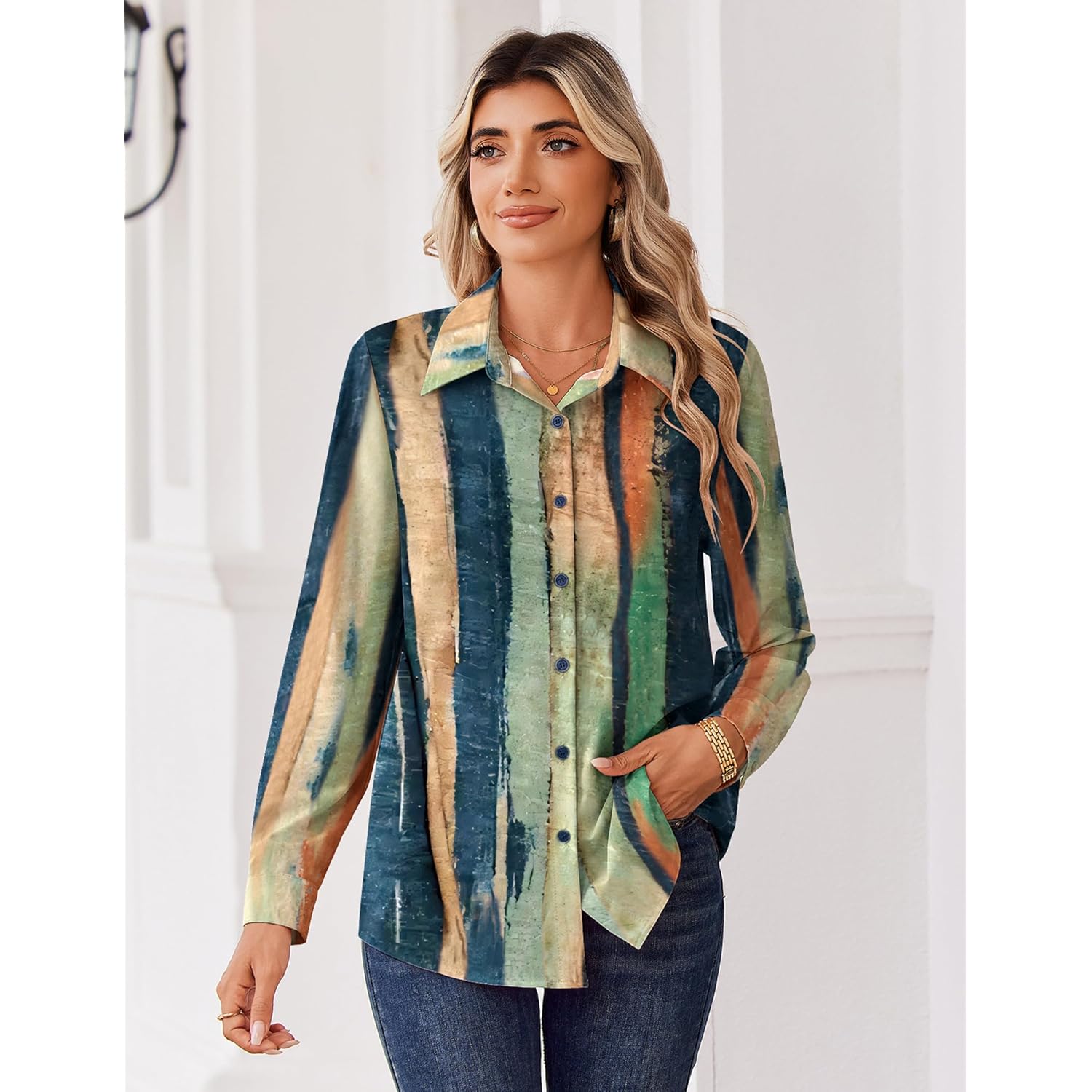 Blouse for Women Dressy Long Sleeve Button Down Shirts Business Casual Outfit Lightweight Solid/Printed Tops
