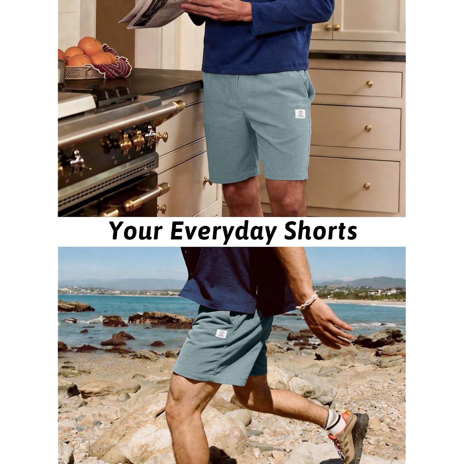 Mens Corduroy Shorts Casual 7 Inch Elastic Waist Drawstring Summer Beach Loose Fit Shorts