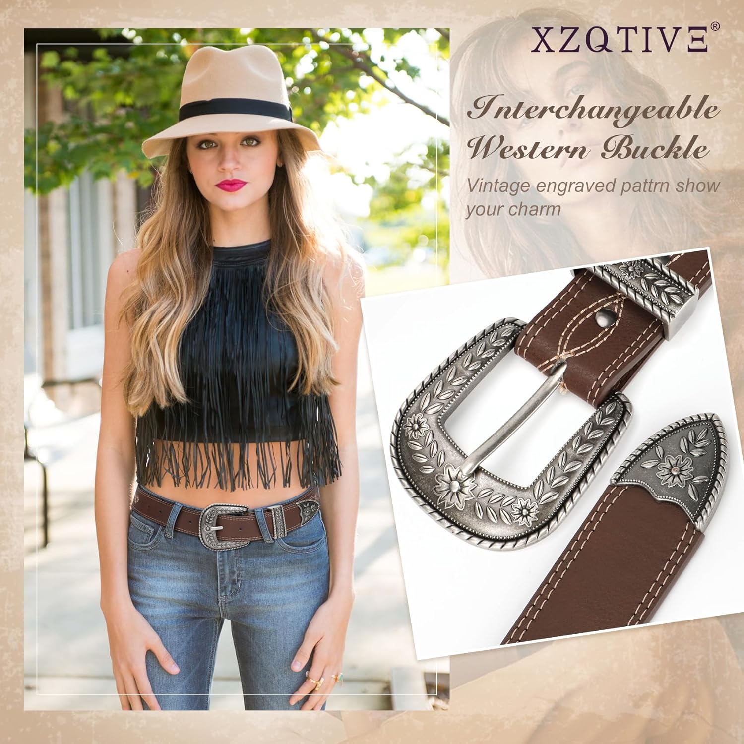 XZQTIVE Women Men Genuine Leather Belt Vintage Ladies Western Belt Engraved Tooled Leather Belt Cowboy Cowgirl Country Belt