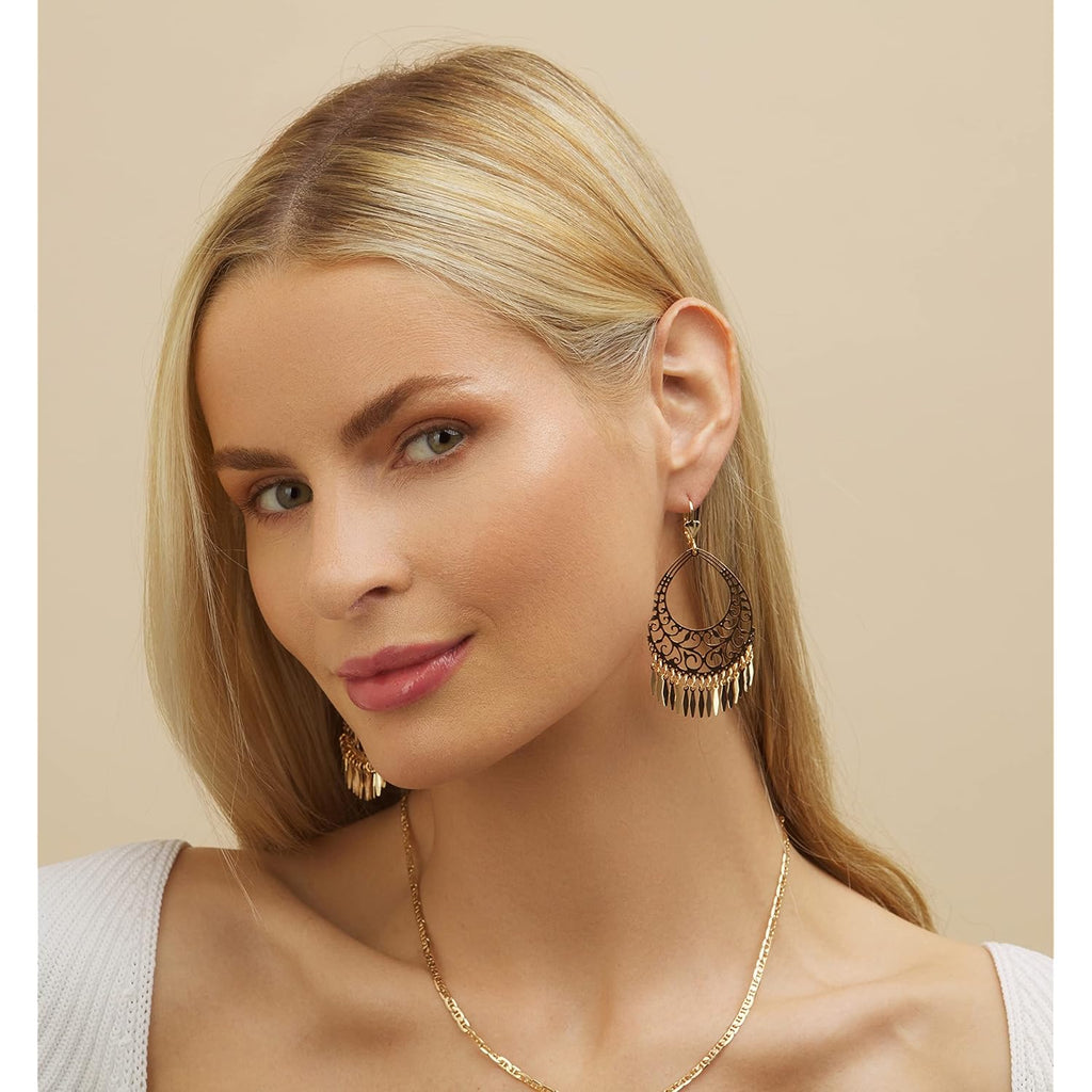 Barzel 18K Gold Plated Filigree Cut-out Dangling Chandelier Earrings - Made in Brazil