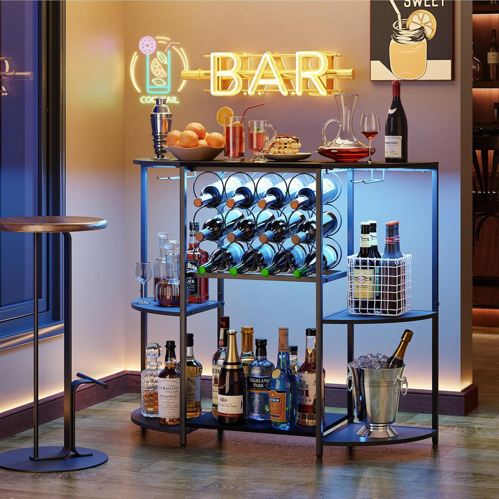 Wine Bar Cabinet With Led Lights, Mini Wine Bar Cart With Storage And Glass Holder, Home Bar Coffee Bar For Liquor, 3-Tier Bar Table For Kitchen, Dining Room, Living Room, Black