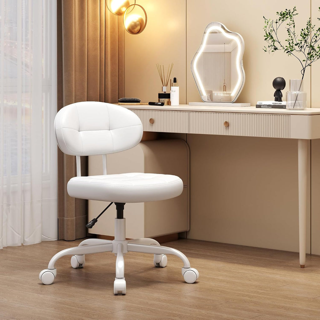 Misolant Vanity Chair With Back, Small Armless Cute Office Chair With Wheels And Lumbar Support, Comfy Pu Leather Desk Computer Chairs With Adjustable Height, 360°Swivel For Home Bedroom Office, White