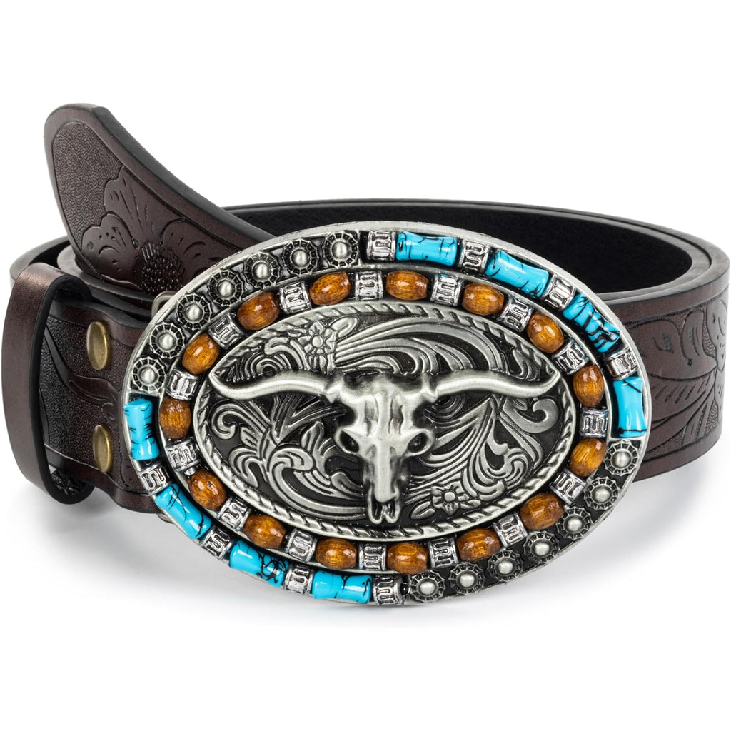 Western-Cowboy-Leather-Belts for Women Turquoise-Oval-Buckle Embossed Cowgirl Belt for Jeans Pants Fit for 27"-41"