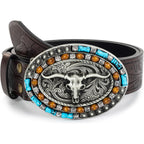 Western-Cowboy-Leather-Belts for Women Turquoise-Oval-Buckle Embossed Cowgirl Belt for Jeans Pants Fit for 27"-41"
