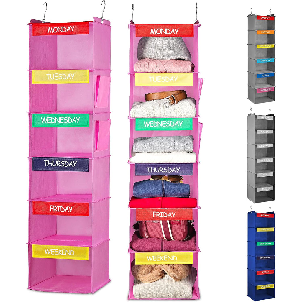 Handy Laundry Weekly Clothes Organizer For Kids, 6-Shelf Bamboo Reinforced | Days Of The Week Hanging Closet Shelves, Monday Through Friday And Weekend, School Outfit Storage, Side Pockets, Pink