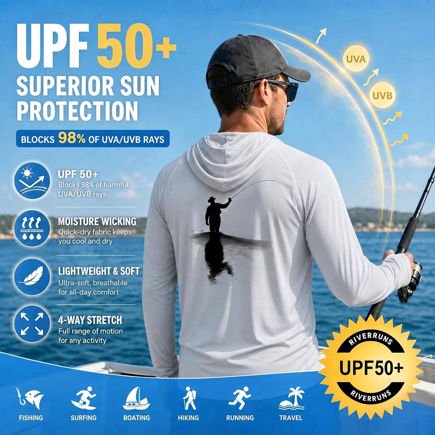 Riverruns Fishing Hoodie For Men Upf 50+ Sun Hoodie Fishing Shirt With Hood Rash Guard Long Sleeve #1044