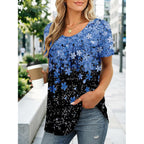 Women's Summer Tops Short Sleeve Blouses for Women Henley V-Neck Floral Pleated Loose Fit Shirts for Leggings（S-3XL）