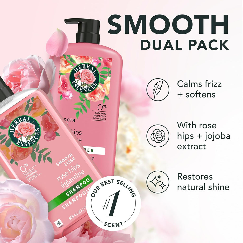Herbal Essences Shampoo & Conditioner Set, Rose Hips - Smooth Collection, Paraben-Free, Color-Safe, Shiny Hair With Jojoba & Vitamin E, 29.2 Fl Oz Each, 2-Pack