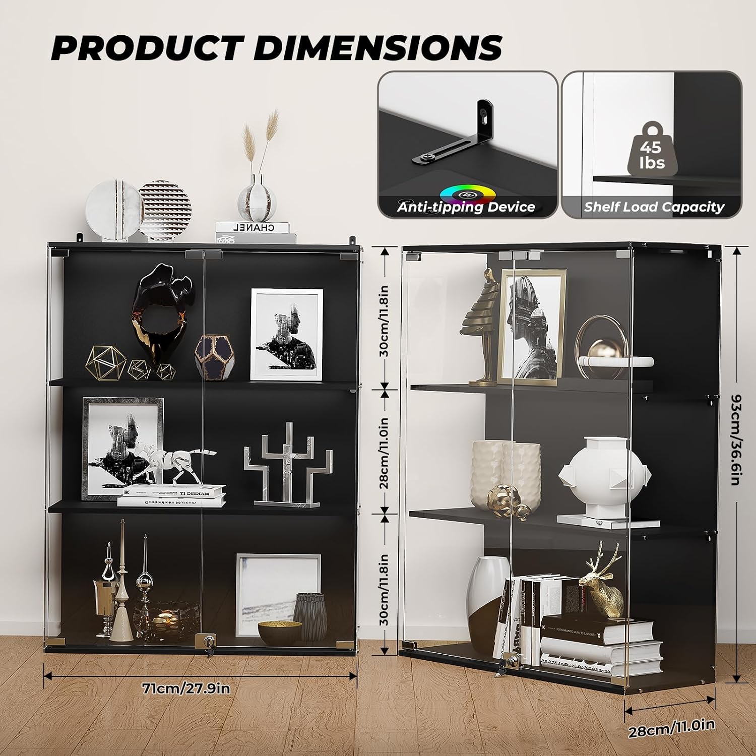 Versiontech. Glass Display Cabinet With Rgb Led Lights, Full-View Display, 3-Tier Display Case With Glass Doors For Collectibles, Cabinets With Lock, Human Sensor, Charging Station, Black