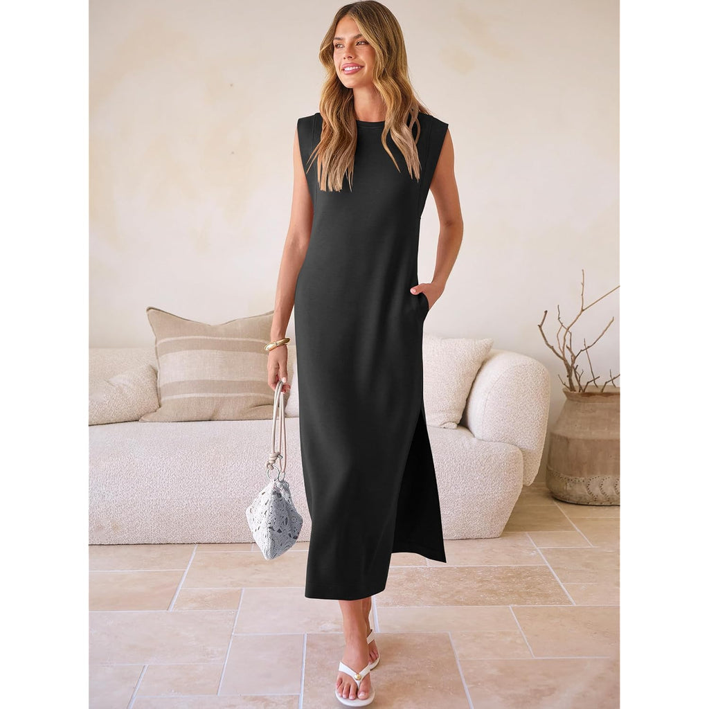 Anrabess Women Summer Casual Sleeveless Maxi Dress 2026 Crewneck Loose Split Wrinkle-Free Beach Travel Vacation Long Sundress