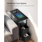 Songmics Side Table With Led Light, Narrow End Table With 2 Drawers, Nightstand With Charging Station, Bedside Tables For Small Space, Living Room, Bedroom, Ink Black, Bellah Collection Ulgs002B101