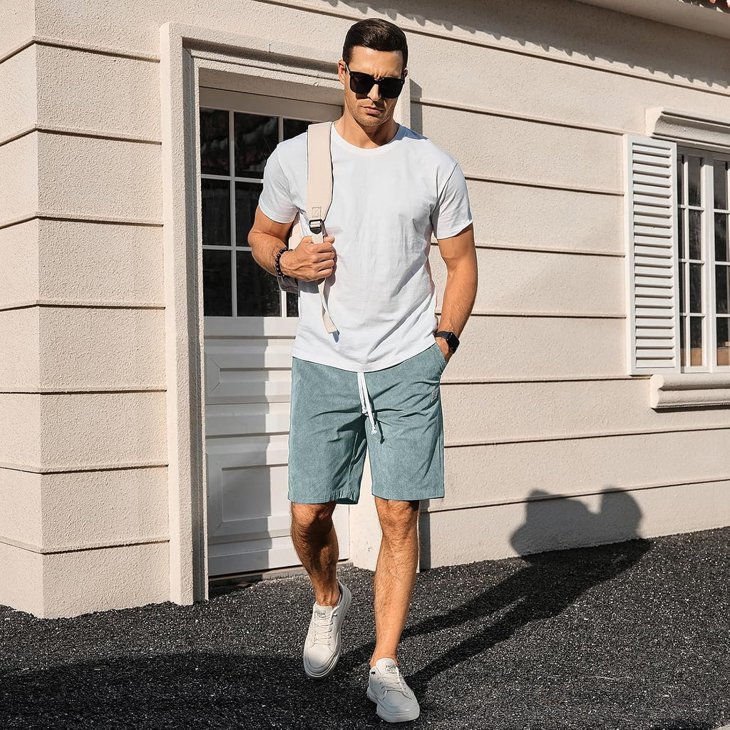 Plepan Mens Corduroy Shorts Casual Elastic Waist Drawstring Summer Beach Shorts