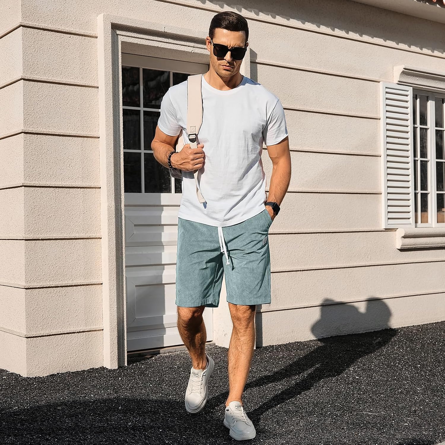 Plepan Mens Corduroy Shorts Casual Elastic Waist Drawstring Summer Beach Shorts