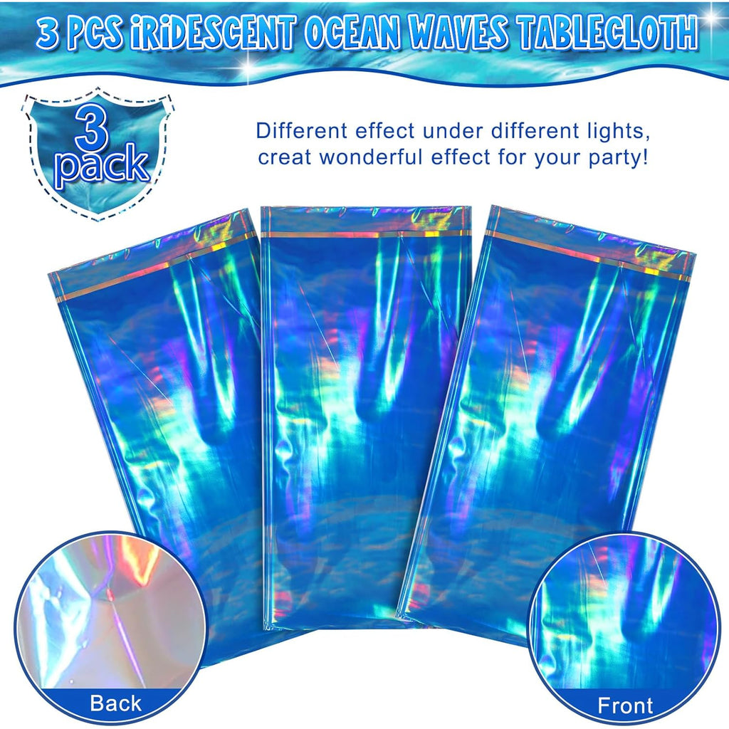 3 Pcs Iridescent Waves Tablecloths - Disposable Plastic Ocean Blue Table Cloth Rectangle Table Covers for Under the Sea Beach Surf Pool Party Birthday Party Decorations, 54 x 108 Inch