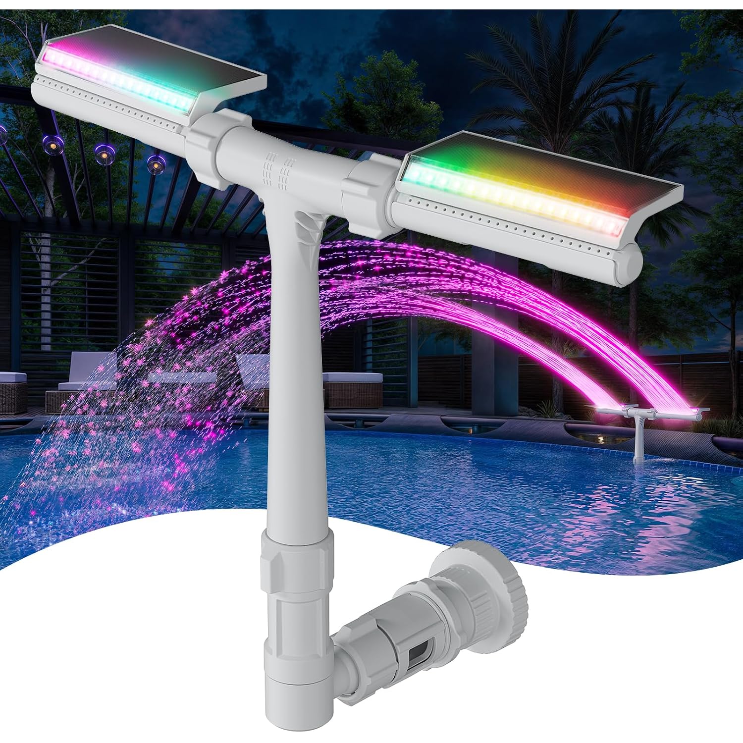 Poolhacker Solar Pool Fountain With 10-Color Led Lights, Newly Refined Streamlined Design, Auto Dusk Sensor & Timer, Remote Control, Dual-Head Adjustable Spray For Above & Inground Pools