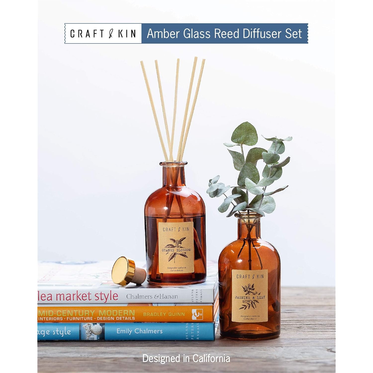 Craft & Kin Oud Wood Reed Diffuser – 5.75 Oz Essential Oil Diffuser For Home & Bathroom – Up To 120-Day Fragrance With 8 Rattan Scent Sticks – Amber Glass Room Decor