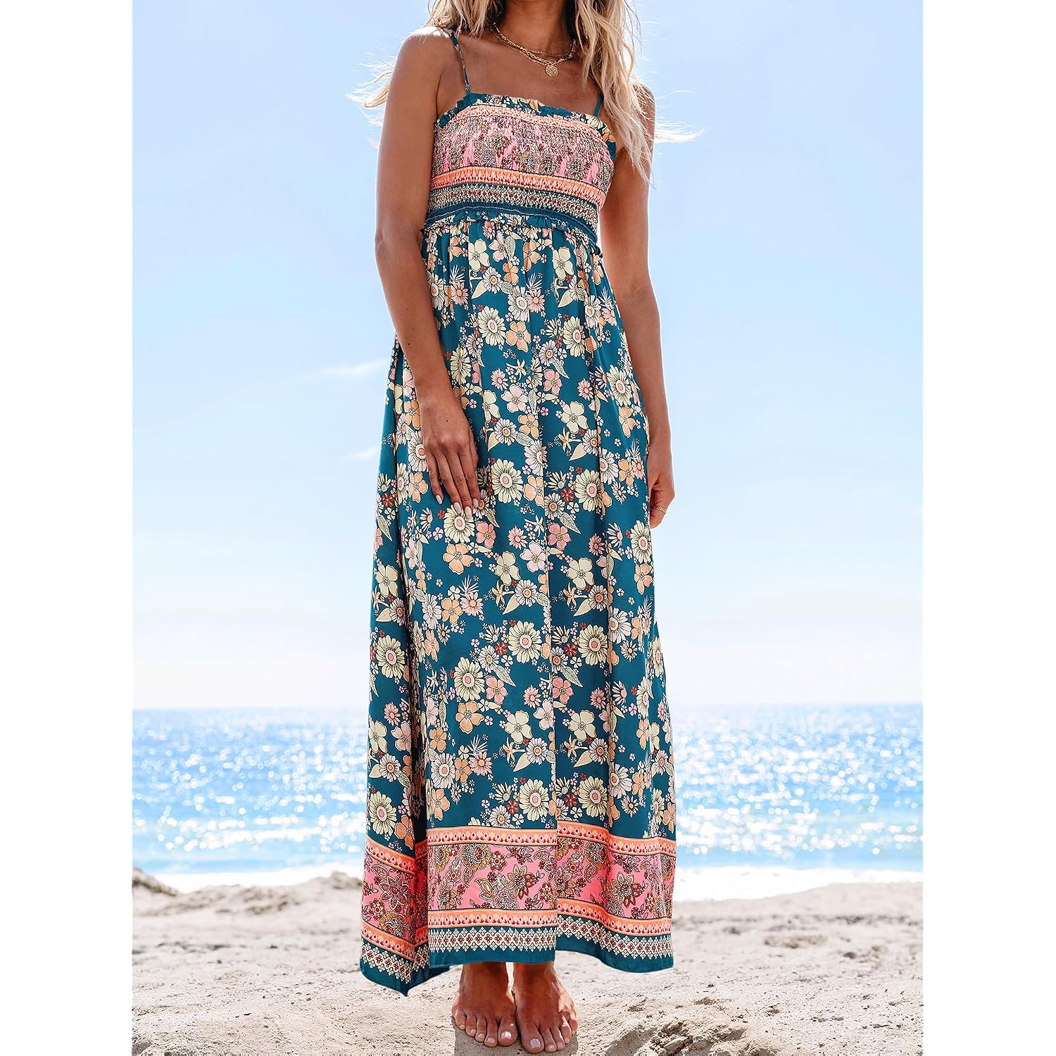 Cupshe Women Spaghetti Straps Boho Maxi Dress Summer Sleeveless Smocked Floral Beach Long Dress Flowy Cruise Vacation Outfits
