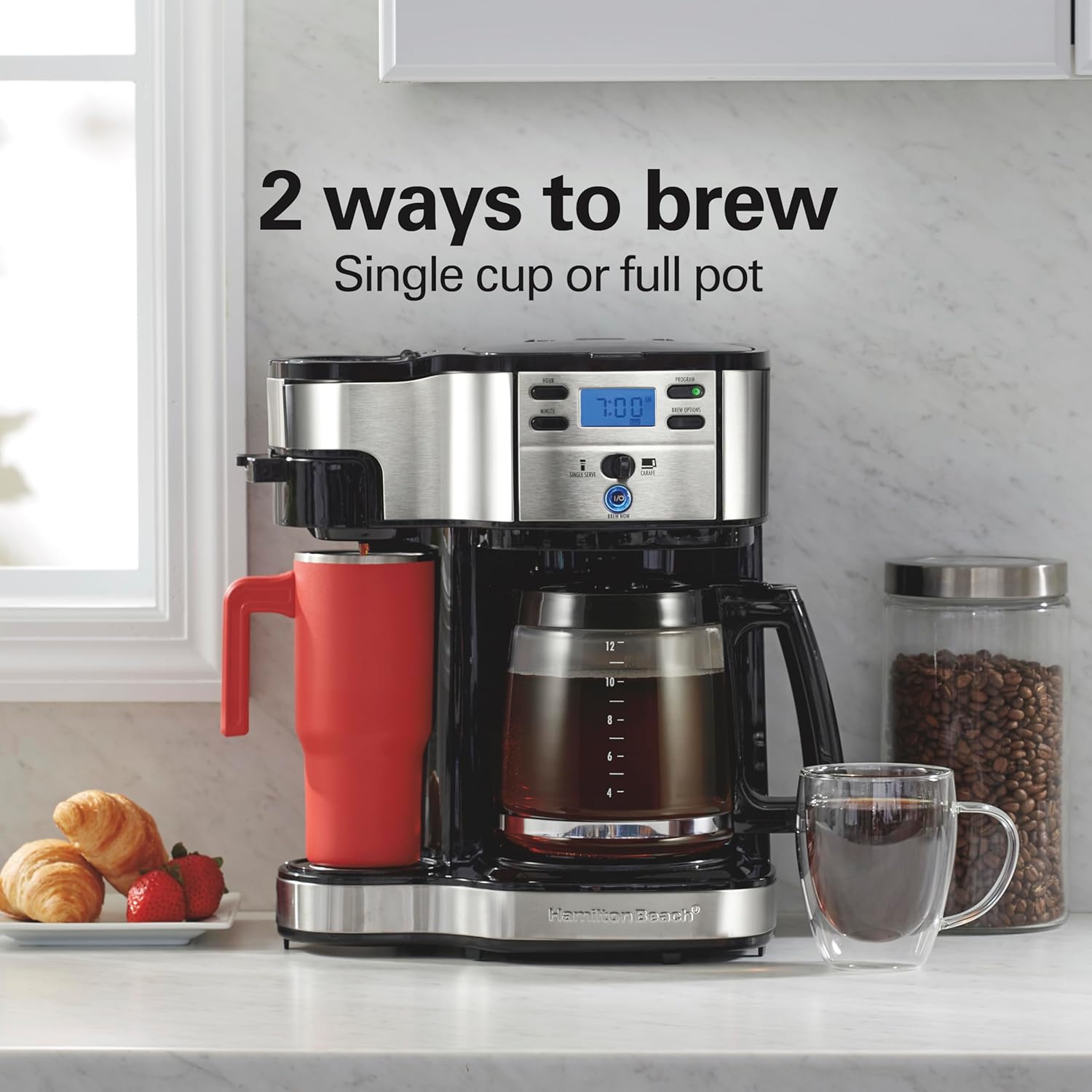 Hamilton Beach 2-Way Programmable Coffee Maker, 12 Cup Glass Carafe And Single Serve Coffee Maker, Black with Stainless Steel Accents, 49980RG