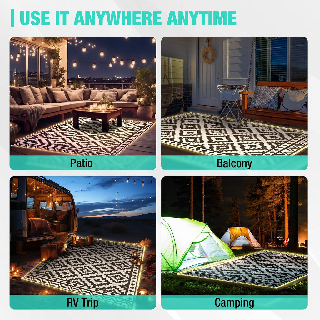 Haushof 5' X 8' Outdoor Rug With Led Strip Light, Waterproof Patio Mat | Waterproof Surface, Easy-Clean Design, Reversible Double-Sided Use, Rv Camping Beach Porch Balcony Use