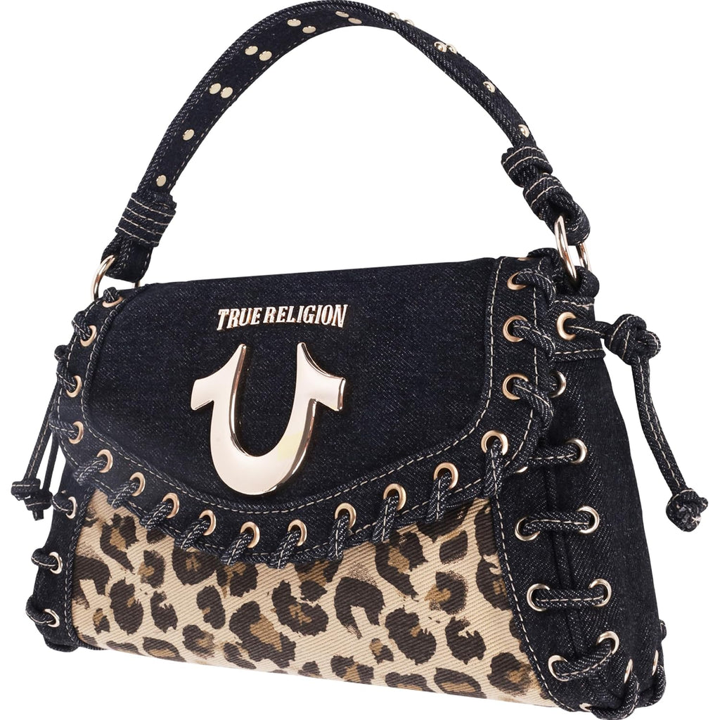 True Religion Denim Eyelet Trim Flap Bag, Studded Lace-Up Crossbody Shoulder Handbag With Horseshoe Logo, Leopard