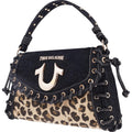 True Religion Denim Eyelet Trim Flap Bag, Studded Lace-Up Crossbody Shoulder Handbag With Horseshoe Logo, Leopard