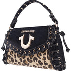 True Religion Denim Eyelet Trim Flap Bag, Studded Lace-Up Crossbody Shoulder Handbag With Horseshoe Logo, Leopard
