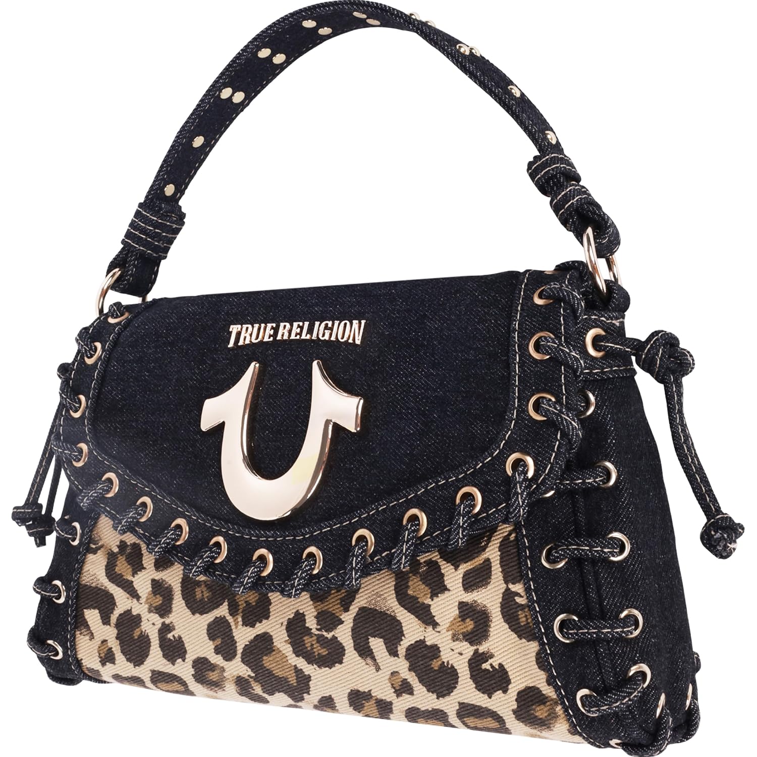 True Religion Denim Eyelet Trim Flap Bag, Studded Lace-Up Crossbody Shoulder Handbag With Horseshoe Logo, Leopard