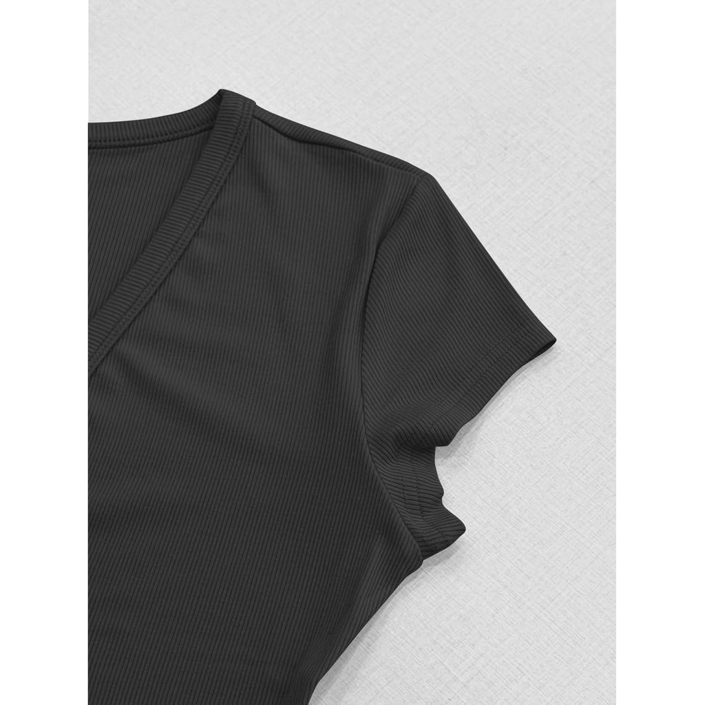Women Short Sleeve T-Shirt Cap V Neck Shirts for Women Ribbed Casual Top Knit Slim Fit for Summer