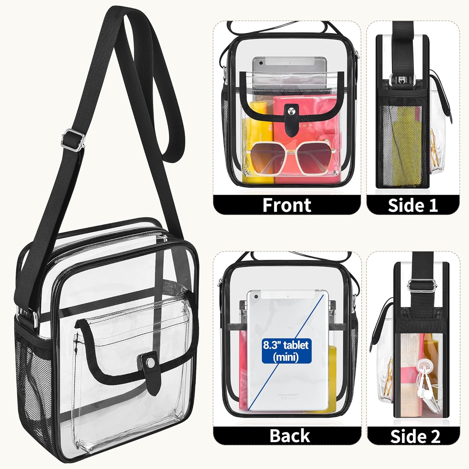 SPODEARS Clear Crossbody Bag for Stadium, Concert, Festival & More - Adjustable Shoulder Strap & Bottle Holder