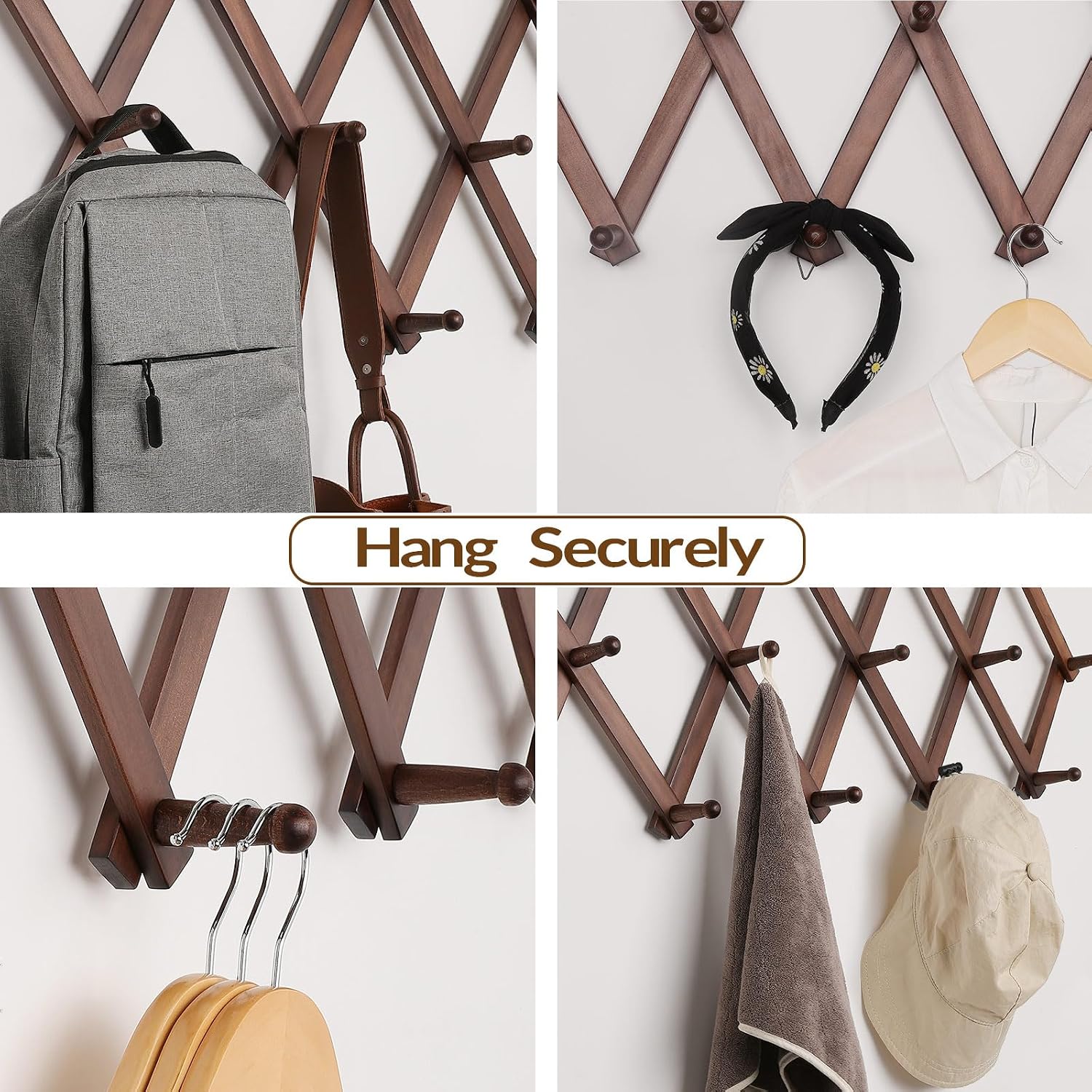 Hat Rack For Wall, Expandable Wall Hat Holder With 16 Hooks, 16 Inch Wooden Wall Hook For Baseball Caps,Cowboy, Bag,Hoodie(Brown)