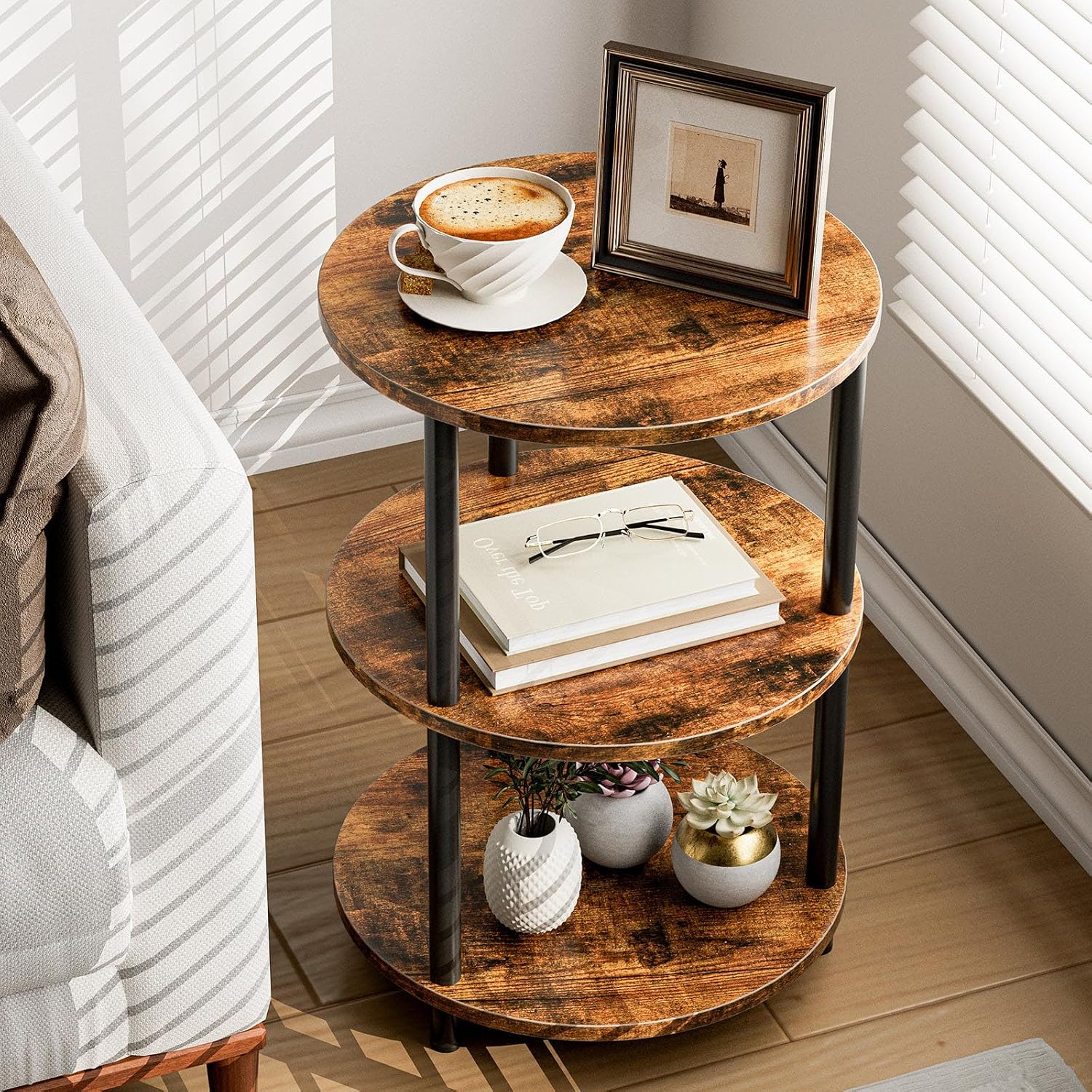 Xburmo Small Round Coffee Table - 3 Tier Design Accent Table, Narrow Side Or Bedside Stand, Industrial Vintage Nightstand For Bedroom, Living Room, Or Small Spaces, Rustic Brown