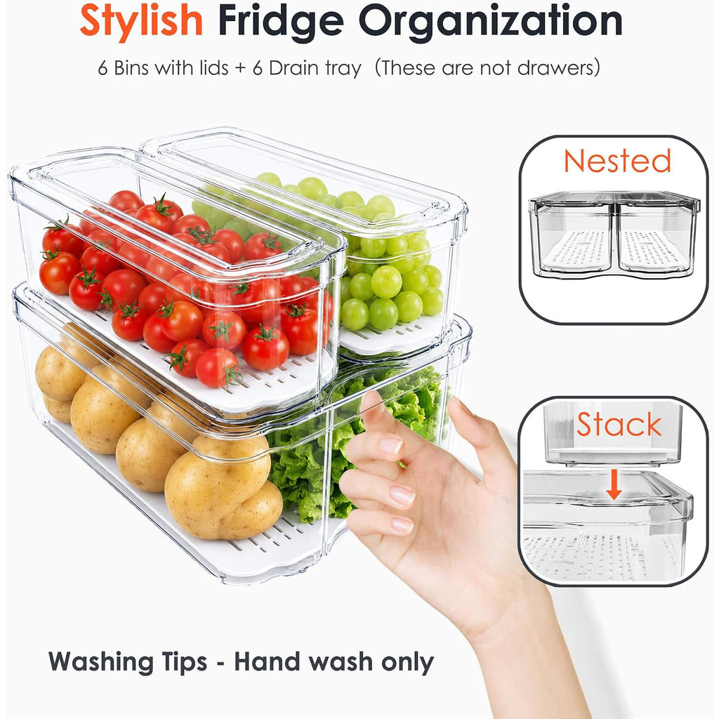 6 Pack Clear Fridge Organizer Bins With Drain Trays - Stackable | Bpa-Free Pet, 6 Pack: 6 Lidded Bins (Not Drawer), Helps Keep Produce Fresh, 14L Capacity, Hand Wash Only