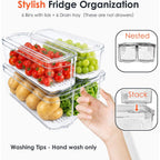 6 Pack Clear Fridge Organizer Bins With Drain Trays - Stackable | Bpa-Free Pet, 6 Pack: 6 Lidded Bins (Not Drawer), Helps Keep Produce Fresh, 14L Capacity, Hand Wash Only