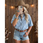 Women Short Sleeve Denim Shirt Button Down Oversized Denim Top Blouse Casual Loose Fit Jean Jacket Outfit With Pocket