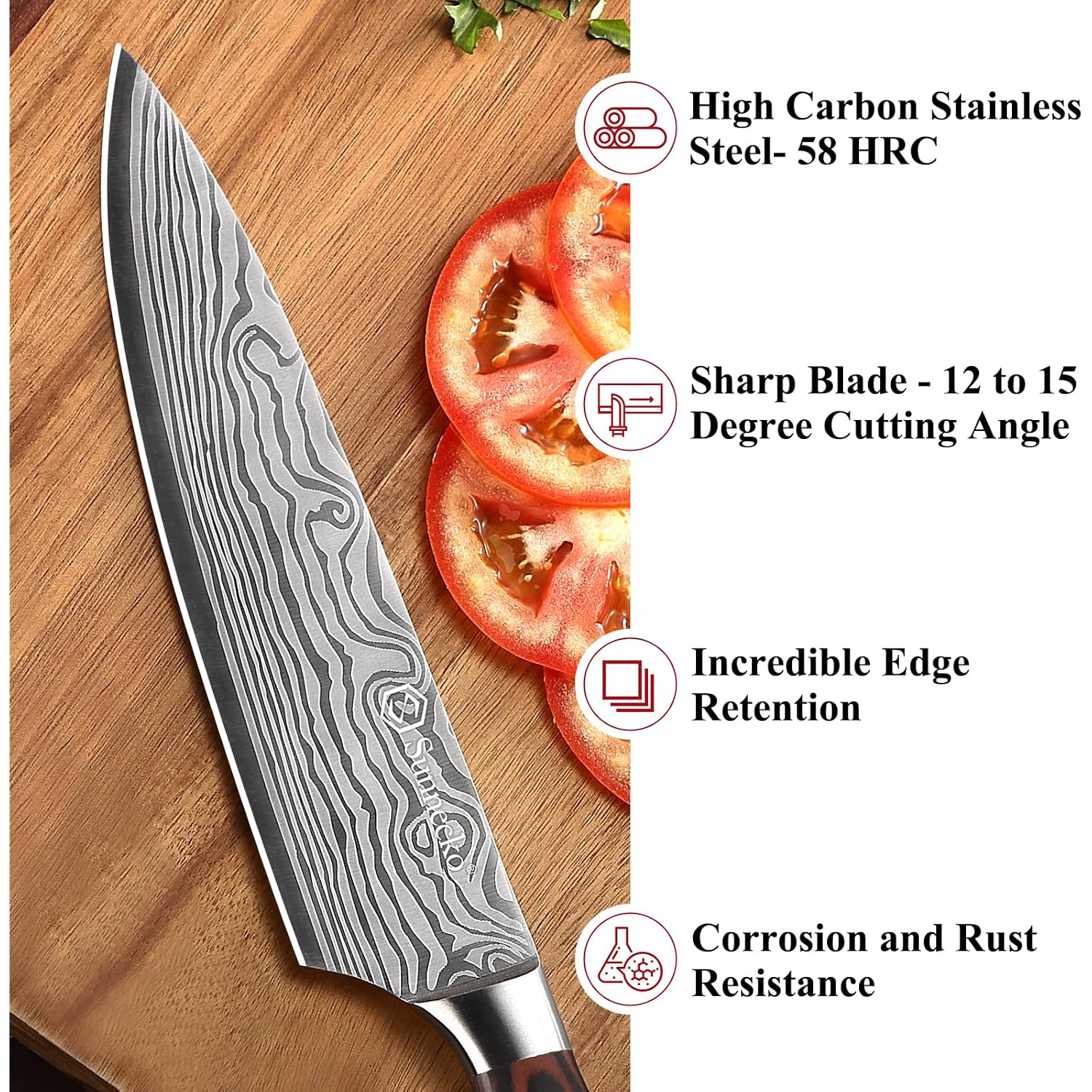 8 Inch Chef Knife - Ultra Sharp 12-15 Degree Edge Kitchen Knife For Meat Vegetable Cutting Japanese Style, High Carbon Stainless Steel Blade, Pakkawood Handle &Sheath, Cooking & Bbq Gift