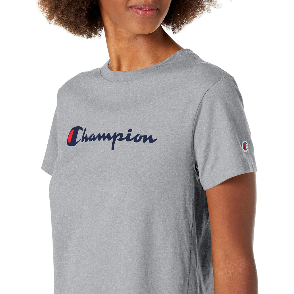 Champion Women’s Classic Short Sleeve Graphic T-Shirt, Standard Fit, Script Logo Oxford Gray - Classic Script Logo