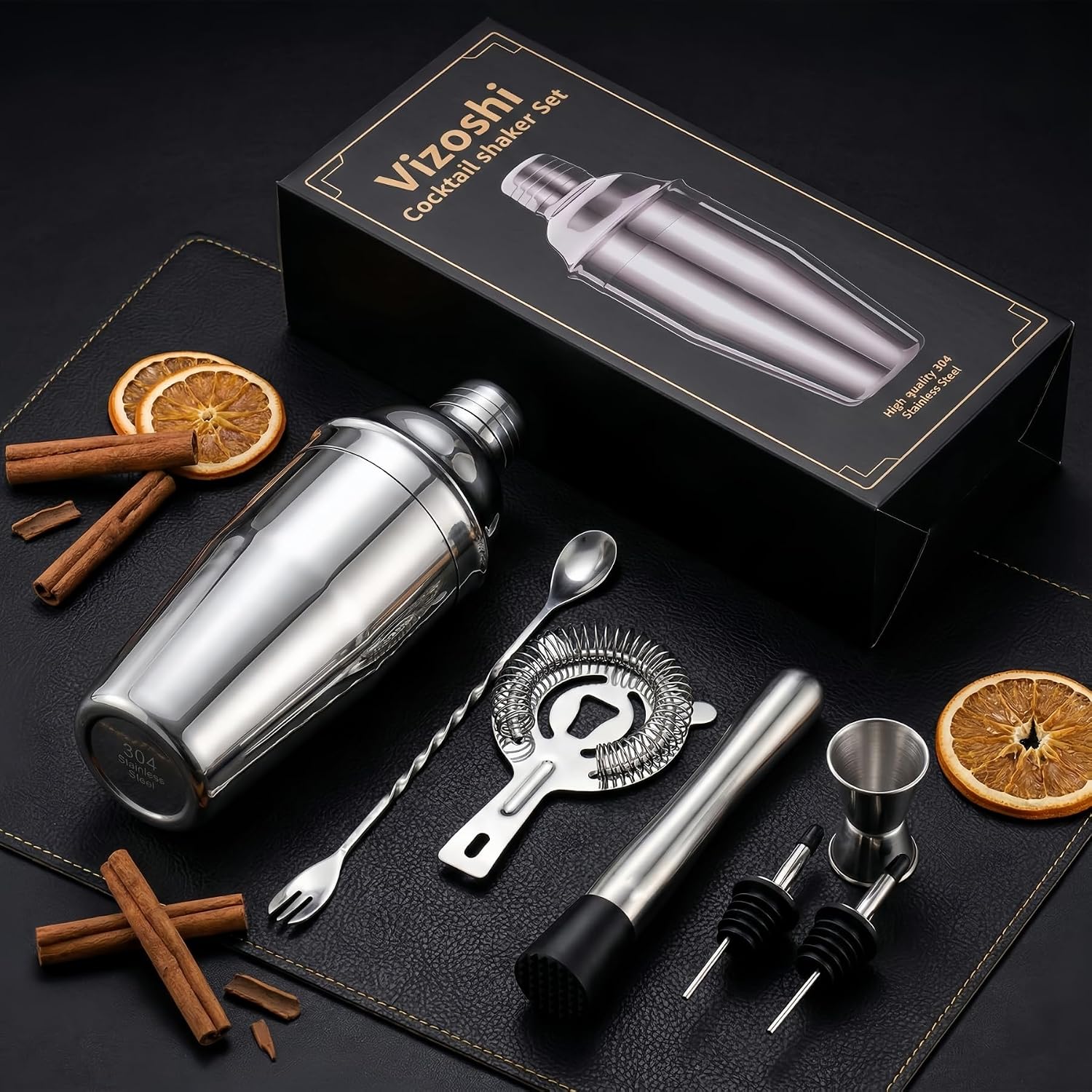 Cocktail Shaker Set Bartender Kit,Professional Bar Set, Martini Shaker, Jigger, Strainer, Mixer Spoon, Muddler, Liquor Pourers Ideal Bar Accessories For Home, Gift For Christmas, Birthday, Beginners