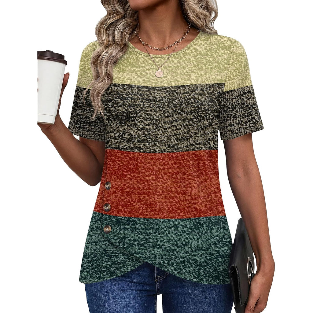 Womens Tops Short Sleeve Shirts Crew Neck Tunic with Buttons Spring Summer Outfits for Women Trendy 2026