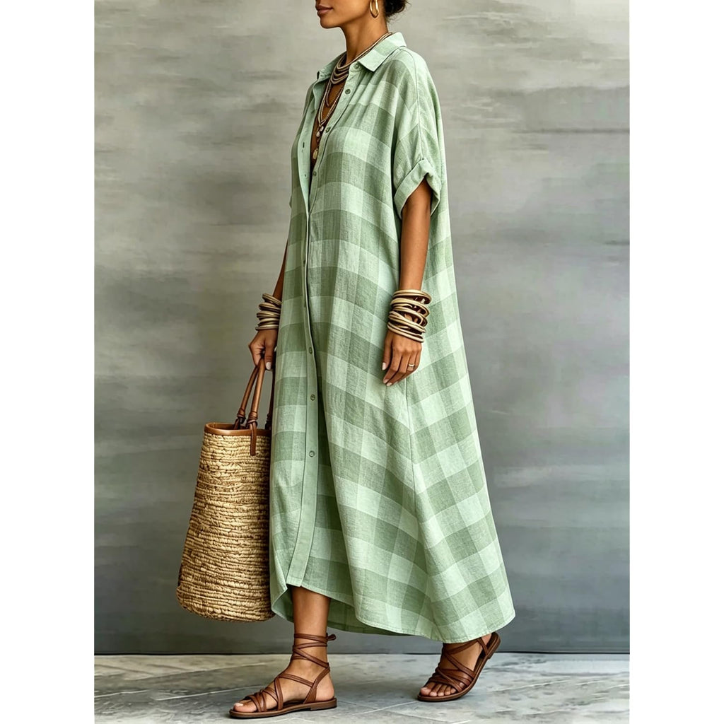 Women'S Cotton Linen Maxi Shirt Dress Short Sleeve Button Down Casual Loose Summer Gingham Beach Cover Up