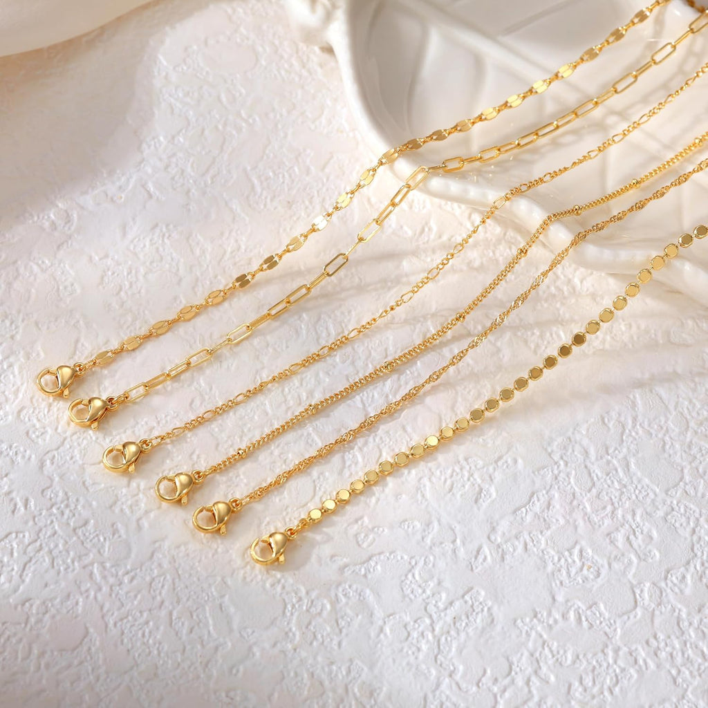 Tewiky Waterproof Ankle Bracelets for Women, 14K Real Gold Plated Anklets for Women 6PCS Anklet Set Dainty Summer Beach Jewelry