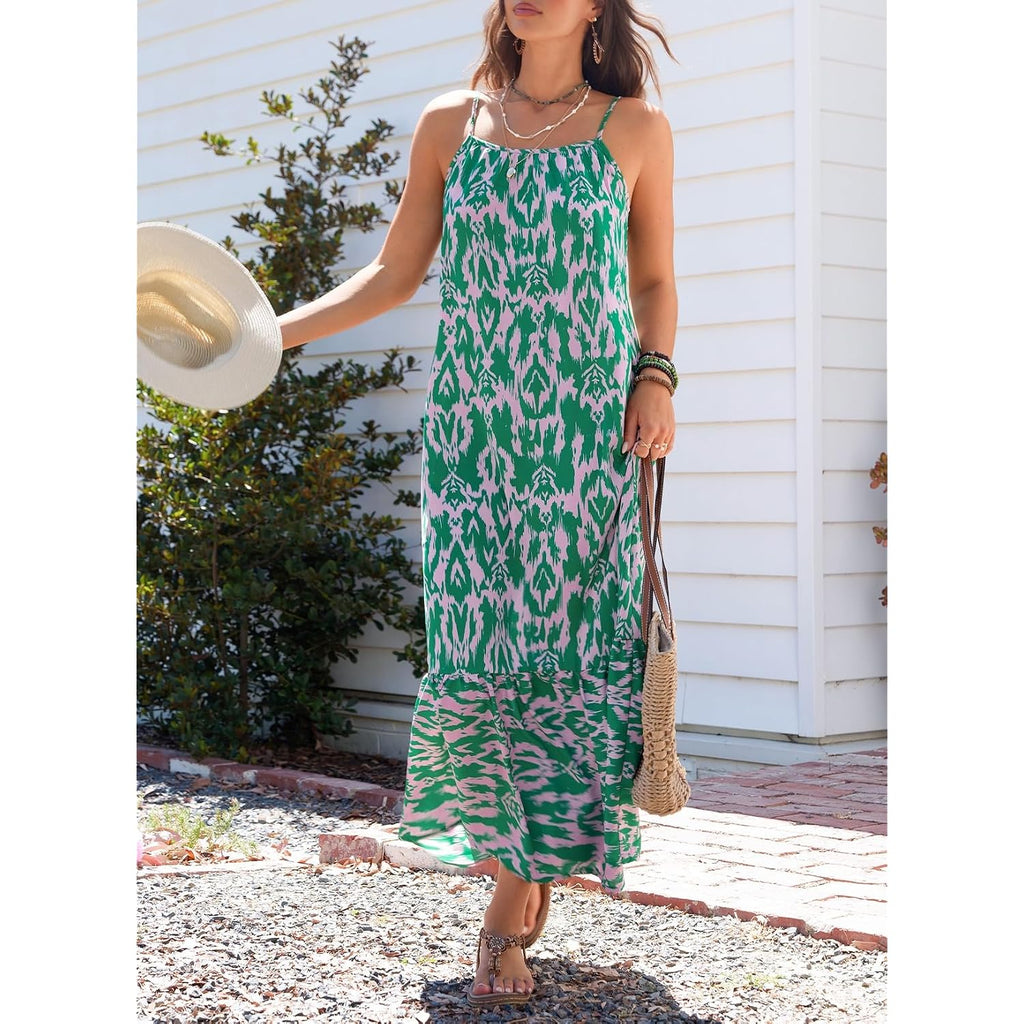 Dokotoo Women Summer Dresses 2026 Spaghetti Strap Scoop Neck Smocked Ruffle Flowy Boho Maxi Dress